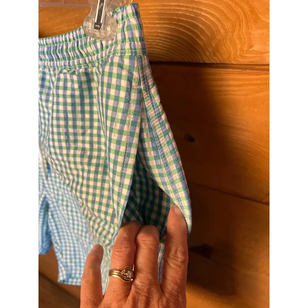 Vineyard Vines Men XL Gingham Swim Trunks Shorts Blue Green Whale Logo Beach Sun